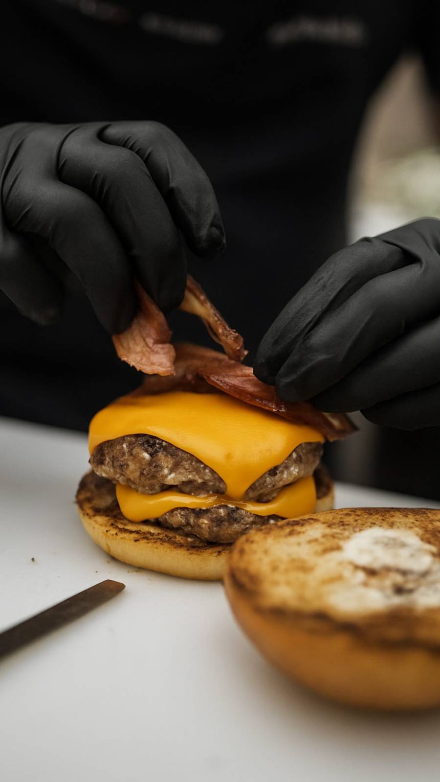 Hamburguesa siendo armada por un cocinero de DA
