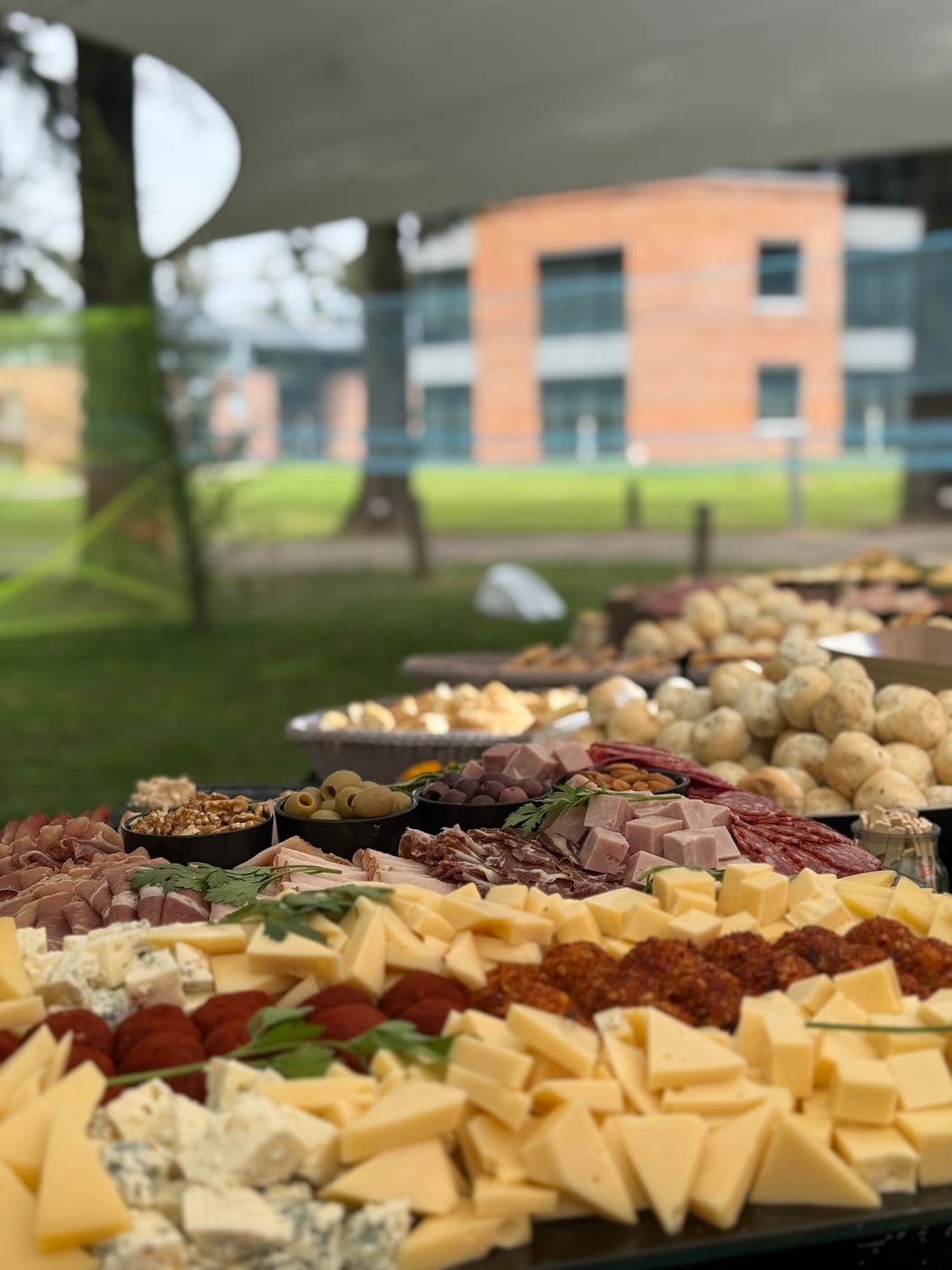 Tabla de fiambres y quesos en un evento al aire libre