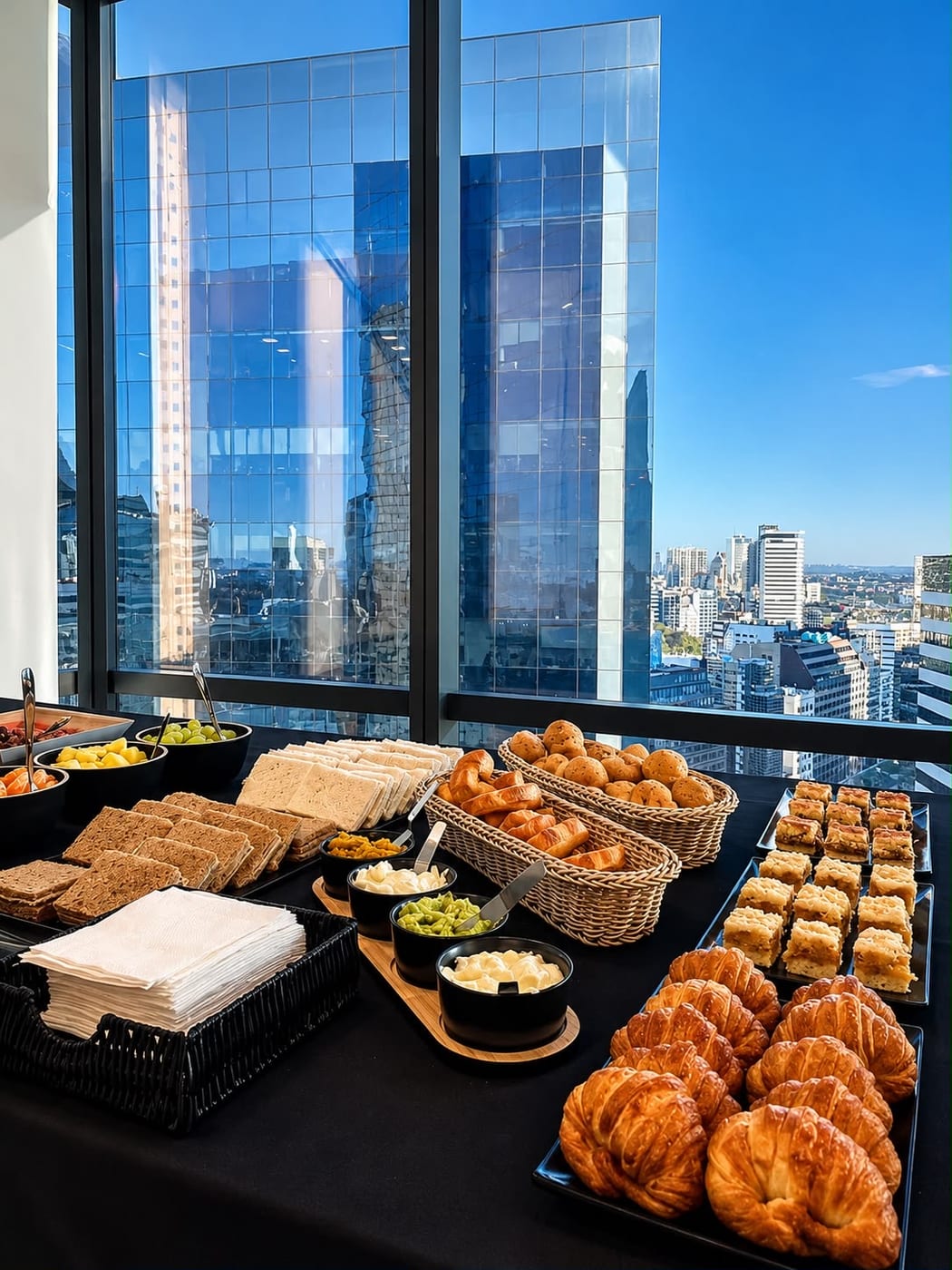 Mesa de desayuno corporativo con medialunas, panes, dips y frutas frente a un ventanal