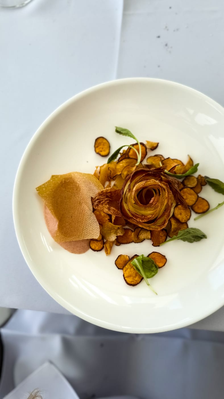 Plato gourmet emplatado con chips crocantes de batata, flor de alcaucil frito y brotes verdes en un evento