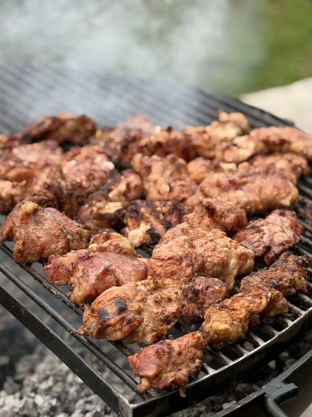 Presas de pollo y carne dorándose sobre la parrilla con humo en un asado al aire libre